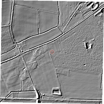 Shaded relief map of the ground around NG237DJ, computed from Environment Agency LiDAR. The ground here sits at about 6 m above sea level and falls 7 m across the surrounding 800 m. Surface water reaching this point runs off ground lying to the east, 3.8 m higher.
