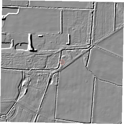 Shaded relief map of the ground around NG237DL, computed from Environment Agency LiDAR. The ground here sits at about 6 m above sea level and falls 8 m across the surrounding 800 m. Surface water reaching this point runs off ground lying to the south-west, 3.3 m higher.
