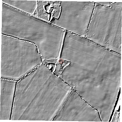 Shaded relief map of the ground around NG237DN, computed from Environment Agency LiDAR. The ground here sits at about 6 m above sea level and falls 5 m across the surrounding 800 m. Surface water reaching this point runs off ground lying to the south-south-east, 0.9 m higher.