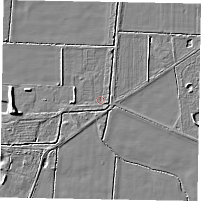 Shaded relief map of the ground around NG237DP, computed from Environment Agency LiDAR. The ground here sits at about 6 m above sea level and falls 8 m across the surrounding 800 m. Surface water reaching this point runs off ground lying to the south-south-east, 0.9 m higher.
