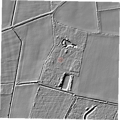 Shaded relief map of the ground around NG237DQ, computed from Environment Agency LiDAR. The ground here sits at about 6 m above sea level and falls 7 m across the surrounding 800 m. Surface water reaching this point runs off ground lying to the south, 4.3 m higher.