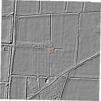 Shaded relief map of the ground around NG237DR, computed from Environment Agency LiDAR. The ground here sits at about 6 m above sea level and falls 4 m across the surrounding 800 m. Surface water reaching this point runs off ground lying to the south-west, 2.6 m higher.