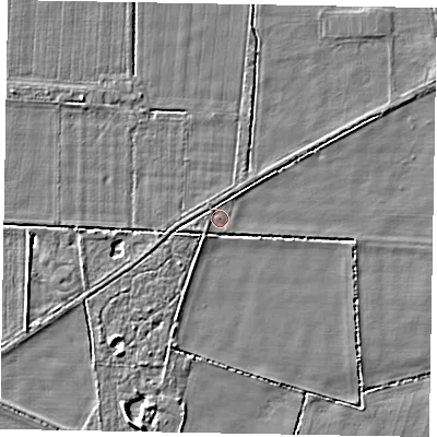 Shaded relief map of the ground around NG237DW, computed from Environment Agency LiDAR. The ground here sits at about 6 m above sea level and falls 4 m across the surrounding 800 m. The ground contributing surface water to this point lies to the south-west.