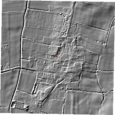 Shaded relief map of the ground around NG237EA, computed from Environment Agency LiDAR. The ground here sits at about 7 m above sea level and falls 6 m across the surrounding 800 m. Surface water reaching this point runs off ground lying to the east, 2.9 m higher.