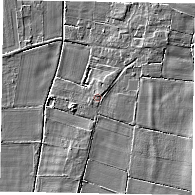 Shaded relief map of the ground around NG237ED, computed from Environment Agency LiDAR. The ground here sits at about 7 m above sea level and falls 6 m across the surrounding 800 m. Surface water reaching this point runs off ground lying to the north-east, 1.1 m higher.