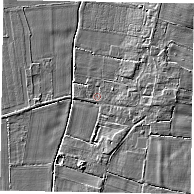 Shaded relief map of the ground around NG237EF, computed from Environment Agency LiDAR. The ground here sits at about 6 m above sea level and falls 5 m across the surrounding 800 m. Surface water reaching this point runs off ground lying to the east, 1.3 m higher.