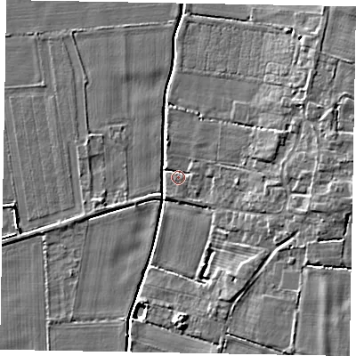 Shaded relief map of the ground around NG237EG, computed from Environment Agency LiDAR. The ground here sits at about 6 m above sea level and falls 5 m across the surrounding 800 m. Surface water reaching this point runs off ground lying to the north-east, 4.2 m higher.