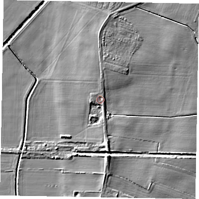 Shaded relief map of the ground around NG237EH, computed from Environment Agency LiDAR. The ground here sits at about 8 m above sea level and falls 8 m across the surrounding 800 m. Surface water reaching this point runs off ground lying to the north-north-east, 1.9 m higher.