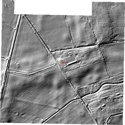 Shaded relief map of the ground around NG237EL, computed from Environment Agency LiDAR. The ground here sits at about 8 m above sea level and falls 4 m across the surrounding 800 m. Surface water reaching this point runs off ground lying to the east, 1.8 m higher.