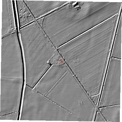 Shaded relief map of the ground around NG237EN, computed from Environment Agency LiDAR. The ground here sits at about 6 m above sea level and falls 5 m across the surrounding 800 m. Surface water reaching this point runs off ground lying to the north-north-west, 1.5 m higher.