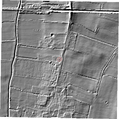 Shaded relief map of the ground around NG237EQ, computed from Environment Agency LiDAR. The ground here sits at about 8 m above sea level and falls 8 m across the surrounding 800 m. Surface water reaching this point runs off ground lying to the north-east, 1.0 m higher.