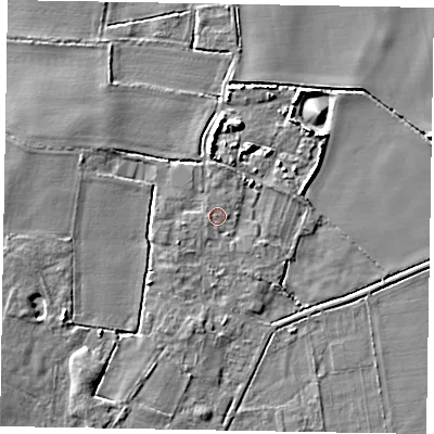 Shaded relief map of the ground around NG237ER, computed from Environment Agency LiDAR. The ground here sits at about 7 m above sea level and falls 6 m across the surrounding 800 m. Surface water reaching this point runs off ground lying to the west-south-west, 0.8 m higher.