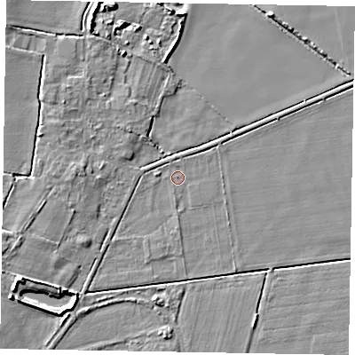 Shaded relief map of the ground around NG237ET, computed from Environment Agency LiDAR. The ground here sits at about 6 m above sea level and falls 6 m across the surrounding 800 m. Surface water reaching this point runs off ground lying to the west, 1.0 m higher.