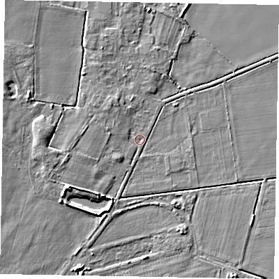 Shaded relief map of the ground around NG237EU, computed from Environment Agency LiDAR. The ground here sits at about 6 m above sea level and falls 6 m across the surrounding 800 m. Surface water reaching this point runs off ground lying to the west-north-west, 2.3 m higher.