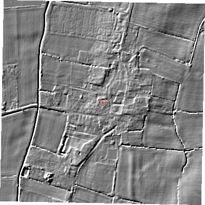 Shaded relief map of the ground around NG237EW, computed from Environment Agency LiDAR. The ground here sits at about 7 m above sea level and falls 6 m across the surrounding 800 m. Surface water reaching this point runs off ground lying to the east, 2.3 m higher.