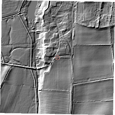 Shaded relief map of the ground around NG237FL, computed from Environment Agency LiDAR. The ground here sits at about 9 m above sea level and falls 8 m across the surrounding 800 m. Surface water reaching this point runs off ground lying to the north-west, 1.9 m higher.