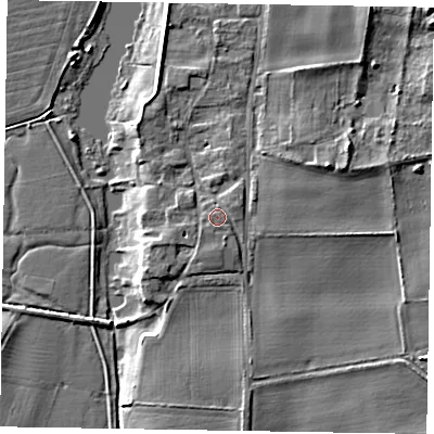 Shaded relief map of the ground around NG237GZ, computed from Environment Agency LiDAR. The ground here sits at about 9 m above sea level and falls 8 m across the surrounding 800 m. Surface water reaching this point runs off ground lying to the south-south-east, 0.8 m higher.