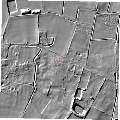 Shaded relief map of the ground around NG237HA, computed from Environment Agency LiDAR. The ground here sits at about 7 m above sea level and falls 8 m across the surrounding 800 m. Surface water reaching this point runs off ground lying to the south, 1.0 m higher.