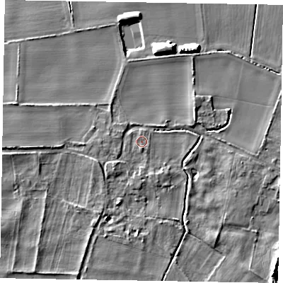 Shaded relief map of the ground around NG237HB, computed from Environment Agency LiDAR. The ground here sits at about 7 m above sea level and falls 8 m across the surrounding 800 m. Surface water reaching this point runs off ground lying to the south, 0.9 m higher.
