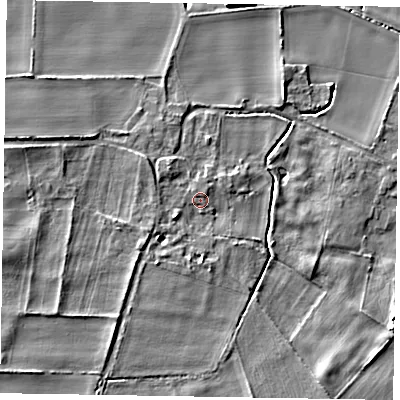 Shaded relief map of the ground around NG237HD, computed from Environment Agency LiDAR. The ground here sits at about 7 m above sea level and falls 6 m across the surrounding 800 m. Surface water reaching this point runs off ground lying to the west-south-west, 2.9 m higher.