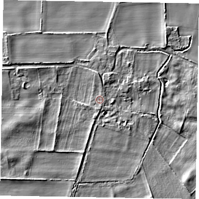 Shaded relief map of the ground around NG237HE, computed from Environment Agency LiDAR. The ground here sits at about 7 m above sea level and falls 4 m across the surrounding 800 m. Surface water reaching this point runs off ground lying to the south-south-west, 1.0 m higher.