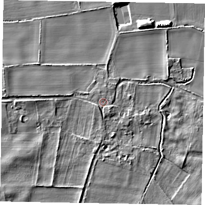 Shaded relief map of the ground around NG237HF, computed from Environment Agency LiDAR. The ground here sits at about 7 m above sea level and falls 8 m across the surrounding 800 m. Surface water reaching this point runs off ground lying to the west-south-west, 1.3 m higher.