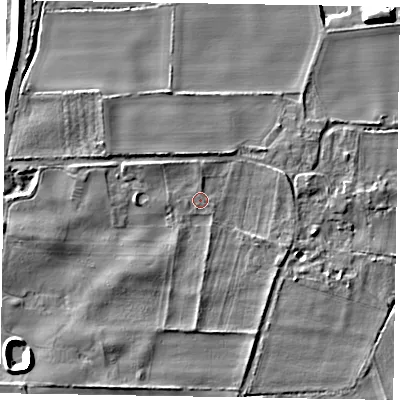 Shaded relief map of the ground around NG237HG, computed from Environment Agency LiDAR. The ground here sits at about 7 m above sea level and falls 8 m across the surrounding 800 m. Surface water reaching this point runs off ground lying to the north-west, 3.0 m higher.
