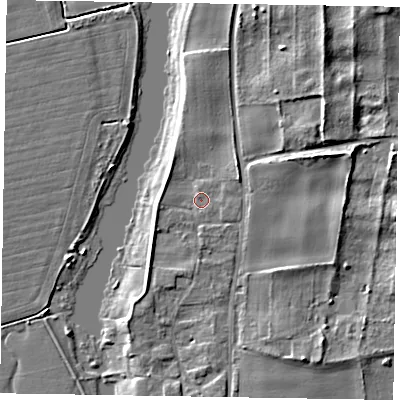 Shaded relief map of the ground around NG237HH, computed from Environment Agency LiDAR. The ground here sits at about 8 m above sea level and falls 9 m across the surrounding 800 m. Surface water reaching this point runs off ground lying to the east-north-east, 6.1 m higher.