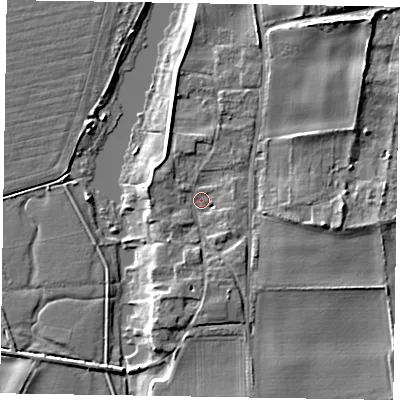 Shaded relief map of the ground around NG237HJ, computed from Environment Agency LiDAR. The ground here sits at about 7 m above sea level and falls 9 m across the surrounding 800 m. Surface water reaching this point runs off ground lying to the north-east, 6.1 m higher.