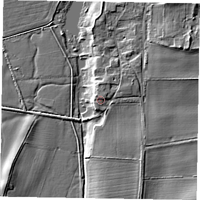Shaded relief map of the ground around NG237HL, computed from Environment Agency LiDAR. The ground here sits at about 9 m above sea level and falls 8 m across the surrounding 800 m. Surface water reaching this point runs off ground lying to the north-east, 1.8 m higher.