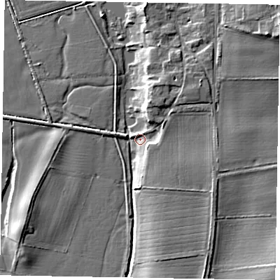 Shaded relief map of the ground around NG237HN, computed from Environment Agency LiDAR. The ground here sits at about 5 m above sea level and falls 9 m across the surrounding 800 m. Surface water reaching this point runs off ground lying to the south-east, 5.5 m higher.