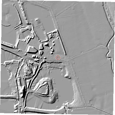 Shaded relief map of the ground around NG237HQ, computed from Environment Agency LiDAR. The ground here sits at about 6 m above sea level and falls 13 m across the surrounding 800 m. Surface water reaching this point runs off ground lying to the north-west, 4.6 m higher.