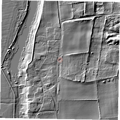 Shaded relief map of the ground around NG237HR, computed from Environment Agency LiDAR. The ground here sits at about 8 m above sea level and falls 10 m across the surrounding 800 m. Surface water reaching this point runs off ground lying to the east-north-east, 6.1 m higher.