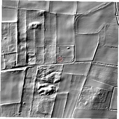 Shaded relief map of the ground around NG237HS, computed from Environment Agency LiDAR. The ground here sits at about 9 m above sea level and falls 8 m across the surrounding 800 m. Surface water reaching this point runs off ground lying to the north-west, 1.6 m higher.