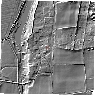 Shaded relief map of the ground around NG237HT, computed from Environment Agency LiDAR. The ground here sits at about 8 m above sea level and falls 8 m across the surrounding 800 m. Surface water reaching this point runs off ground lying to the south, 0.7 m higher.