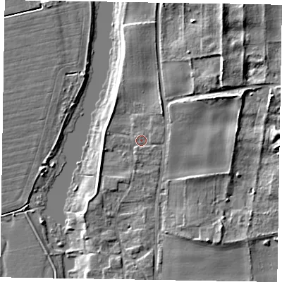 Shaded relief map of the ground around NG237HW, computed from Environment Agency LiDAR. The ground here sits at about 8 m above sea level and falls 9 m across the surrounding 800 m. Surface water reaching this point runs off ground lying to the north-east, 3.3 m higher.