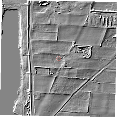 Shaded relief map of the ground around NG237HX, computed from Environment Agency LiDAR. The ground here sits at about 9 m above sea level and falls 8 m across the surrounding 800 m. Surface water reaching this point runs off ground lying to the south-west, 3.0 m higher.