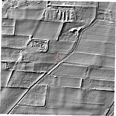 Shaded relief map of the ground around NG237HY, computed from Environment Agency LiDAR. The ground here sits at about 8 m above sea level and falls 7 m across the surrounding 800 m. Surface water reaching this point runs off ground lying to the west-north-west, 3.2 m higher.