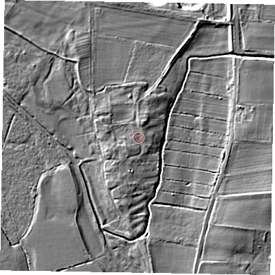 Shaded relief map of the ground around NG237JA, computed from Environment Agency LiDAR. The ground here sits at about 7 m above sea level and falls 6 m across the surrounding 800 m. Surface water reaching this point runs off ground lying to the north-north-east, 0.7 m higher.