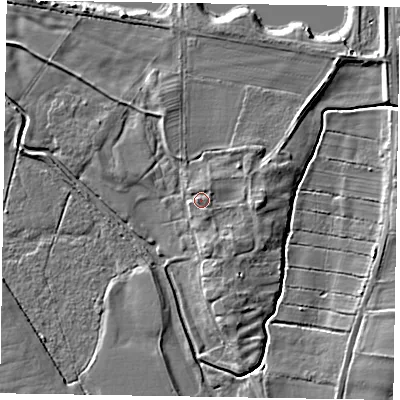 Shaded relief map of the ground around NG237JB, computed from Environment Agency LiDAR. The ground here sits at about 8 m above sea level and falls 6 m across the surrounding 800 m. Surface water reaching this point runs off ground lying to the north-north-east, 1.6 m higher.