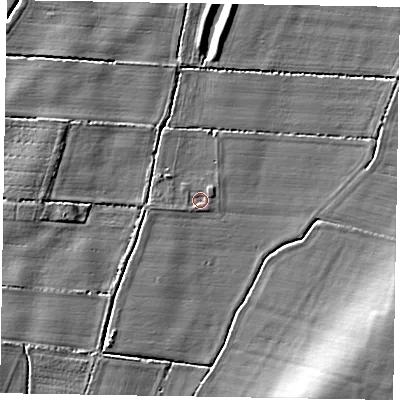 Shaded relief map of the ground around NG237JR, computed from Environment Agency LiDAR. The ground here sits at about 8 m above sea level and falls 9 m across the surrounding 800 m. Surface water reaching this point runs off ground lying to the west-south-west, 0.7 m higher.