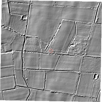 Shaded relief map of the ground around NG237JS, computed from Environment Agency LiDAR. The ground here sits at about 8 m above sea level and falls 4 m across the surrounding 800 m. Surface water reaching this point runs off ground lying to the east-south-east, 0.5 m higher.