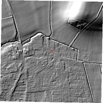 Shaded relief map of the ground around NG237LF, computed from Environment Agency LiDAR. The ground here sits at about 9 m above sea level and falls 20 m across the surrounding 800 m. Surface water reaching this point runs off ground lying to the south-east, 0.8 m higher.