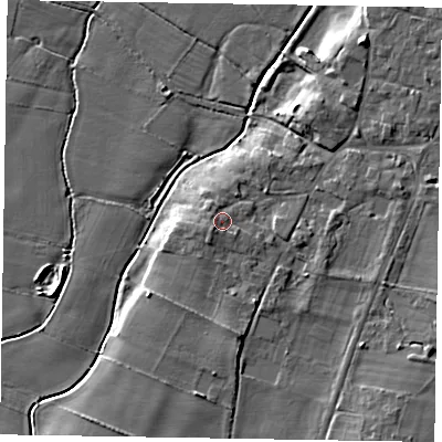 Shaded relief map of the ground around NG237LL, computed from Environment Agency LiDAR. The ground here sits at about 11 m above sea level and falls 9 m across the surrounding 800 m. Surface water reaching this point runs off ground lying to the south-west, 1.5 m higher.