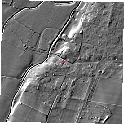 Shaded relief map of the ground around NG237LN, computed from Environment Agency LiDAR. The ground here sits at about 10 m above sea level and falls 10 m across the surrounding 800 m. Surface water reaching this point runs off ground lying to the north-north-east, 5.6 m higher.