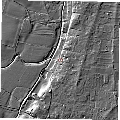 Shaded relief map of the ground around NG237LS, computed from Environment Agency LiDAR. The ground here sits at about 8 m above sea level and falls 9 m across the surrounding 800 m. Surface water reaching this point runs off ground lying to the east-south-east, 4.3 m higher.