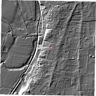 Shaded relief map of the ground around NG237LU, computed from Environment Agency LiDAR. The ground here sits at about 10 m above sea level and falls 9 m across the surrounding 800 m. Surface water reaching this point runs off ground lying to the south-east, 1.8 m higher.
