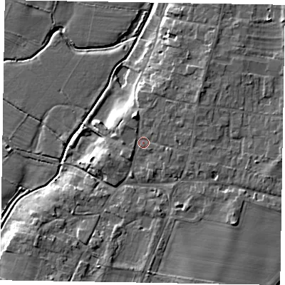 Shaded relief map of the ground around NG237LW, computed from Environment Agency LiDAR. The ground here sits at about 10 m above sea level and falls 9 m across the surrounding 800 m. Surface water reaching this point runs off ground lying to the north-north-west, 3.1 m higher.