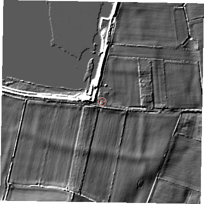 Shaded relief map of the ground around NG237LY, computed from Environment Agency LiDAR. The ground here sits at about 8 m above sea level and falls 9 m across the surrounding 800 m. Surface water reaching this point runs off ground lying to the west-north-west, 3.2 m higher.