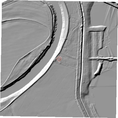 Shaded relief map of the ground around NG237LZ, computed from Environment Agency LiDAR. The ground here sits at about 8 m above sea level and falls 8 m across the surrounding 800 m. Surface water reaching this point runs off ground lying to the west, 1.5 m higher.